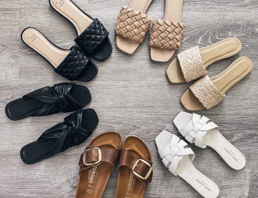 Meagan Brandon of Meagan's Moda shares best slide sandals trending for summer and how to wear them, Saint Laurent Tribute sandals, Birkenstock Madrid, Target slide sandals