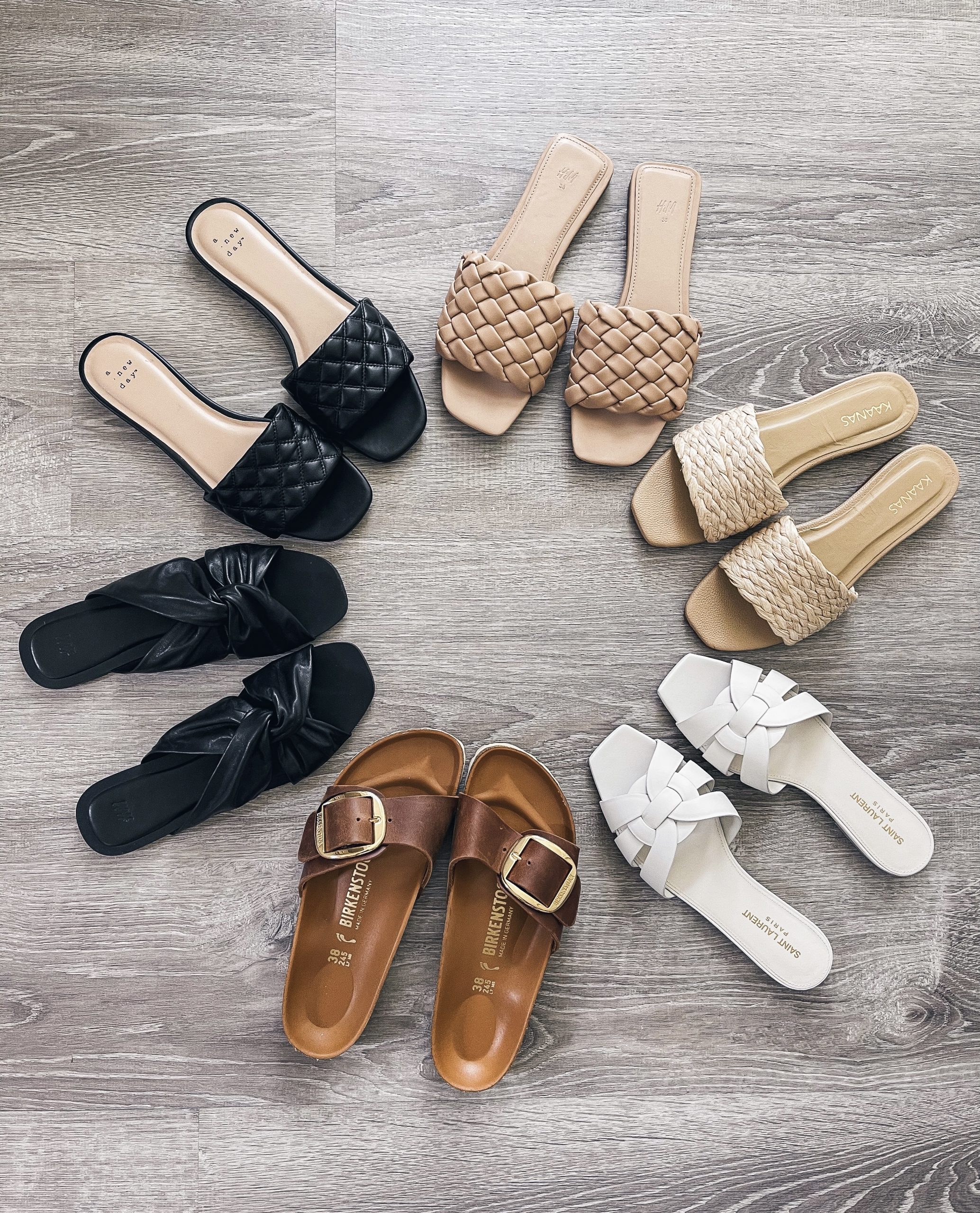 Meagan Brandon of Meagan's Moda shares best slide sandals trending for summer and how to wear them, Saint Laurent Tribute sandals, Birkenstock Madrid, Target slide sandals