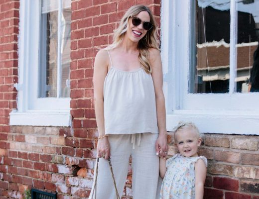 Meagan Brandon of Meagan's Moda wears linen monochrome outfit with Pink Blush linen wide leg pants and linen YSL Loulou bag
