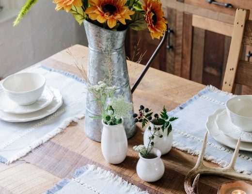 Meagan Brandon of Meagan's Moda shares late summer transitional farmhouse style tablescape for dining room using Walmart home decor, Pioneer Woman lace dishes