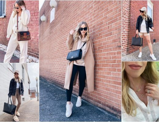 Meagan Brandon fashion blogger of Meagan's Moda shares casual outfit idea  for new mom with long cardigan, Louis Vuitton scarf and suede booties,  Brahmin Annika tote - Meagan's Moda