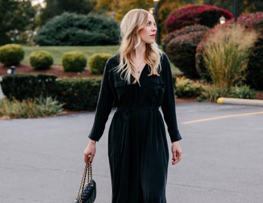 Meagan Brandon of Meagan's Moda wears L'Agence Cameron black silk maxi shirt dress with black booties