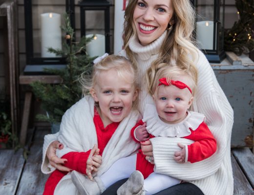 Meagan Brandon of Meagan's Moda Christmas outfits with toddler and baby girl, Christmas outfit ideas for family photos