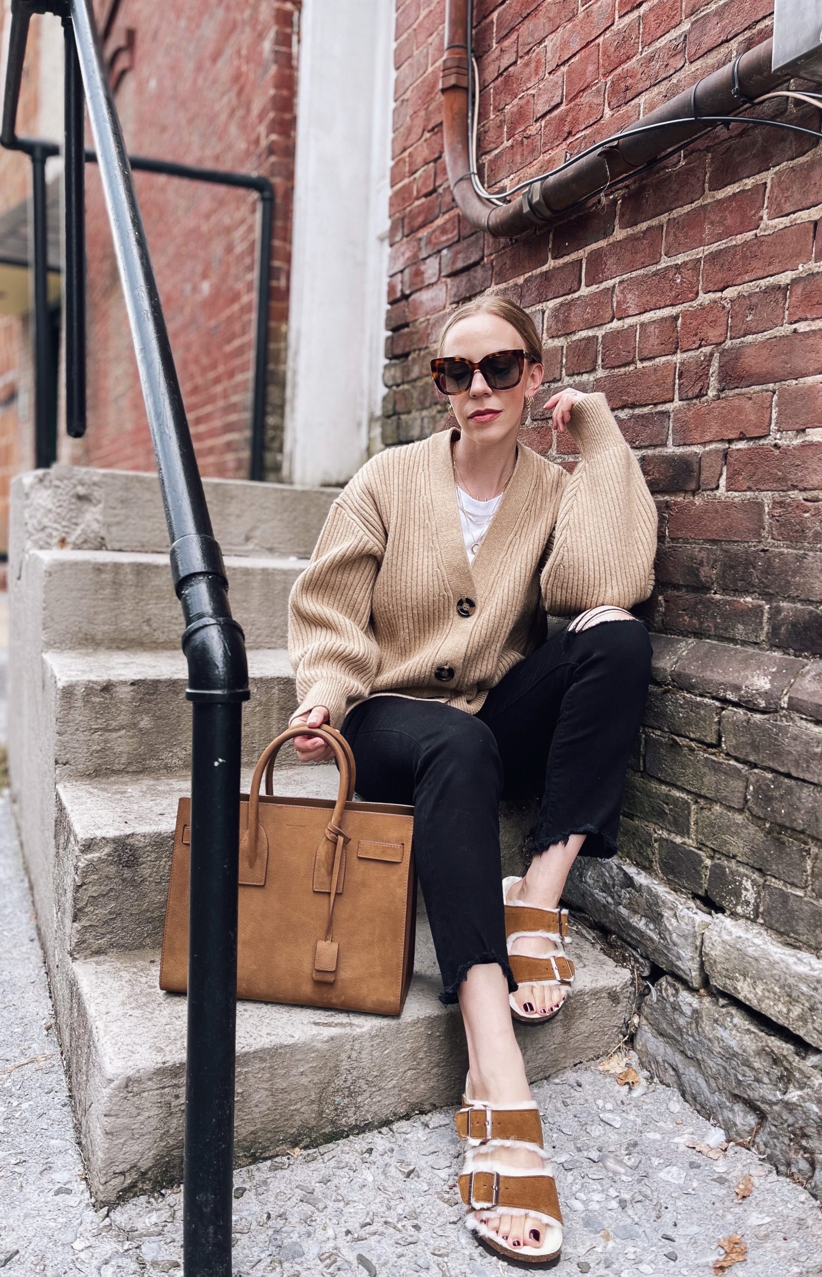 shearling birkenstocks outfit