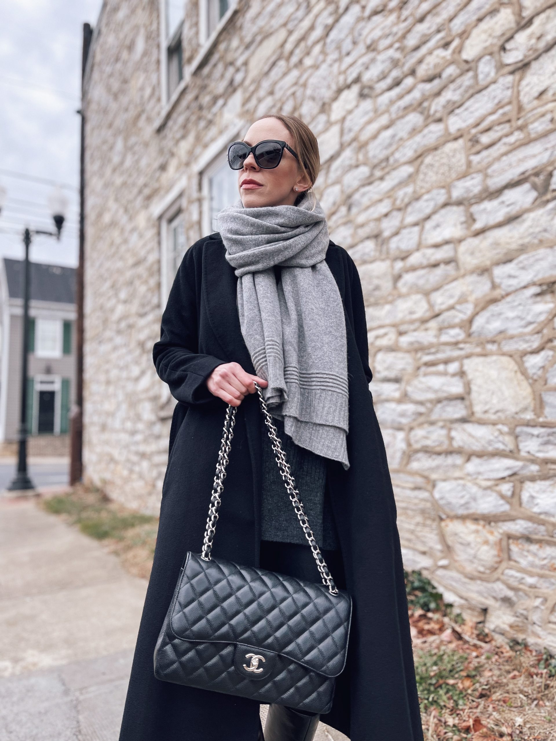 max-mara-camel-coat-louis-vuitton-brown-and-gold-shine-shawl-scarf-outfit -with-louis-vuitton-monogram-scarf - Meagan's Moda