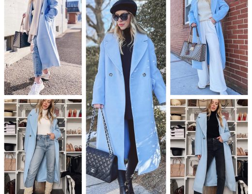 Meagan Brandon of Meagan's Moda shares five ways to wear a baby blue coat for spring, pastel coat