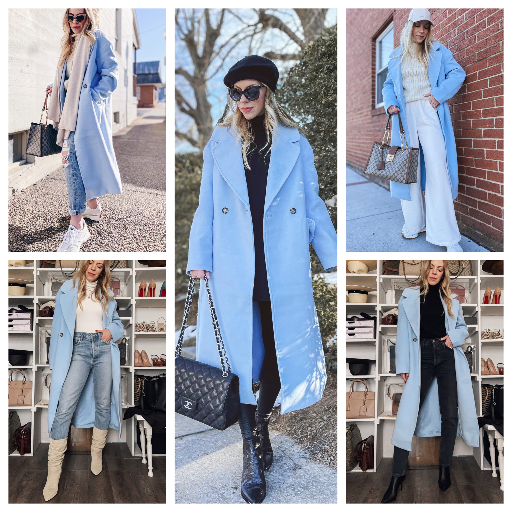 Meagan Brandon of Meagan's Moda shares five ways to wear a baby blue coat for spring, pastel coat