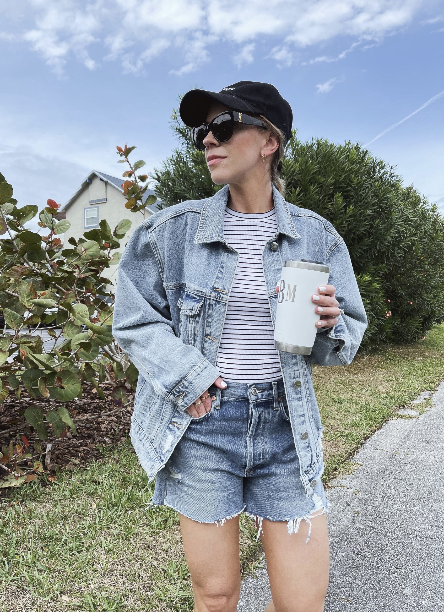Meagan Brandon style influencer of Meagan's Moda wears cropped denim jacket  with Chanel brooch, ideas for wearing Chanel pin - Meagan's Moda