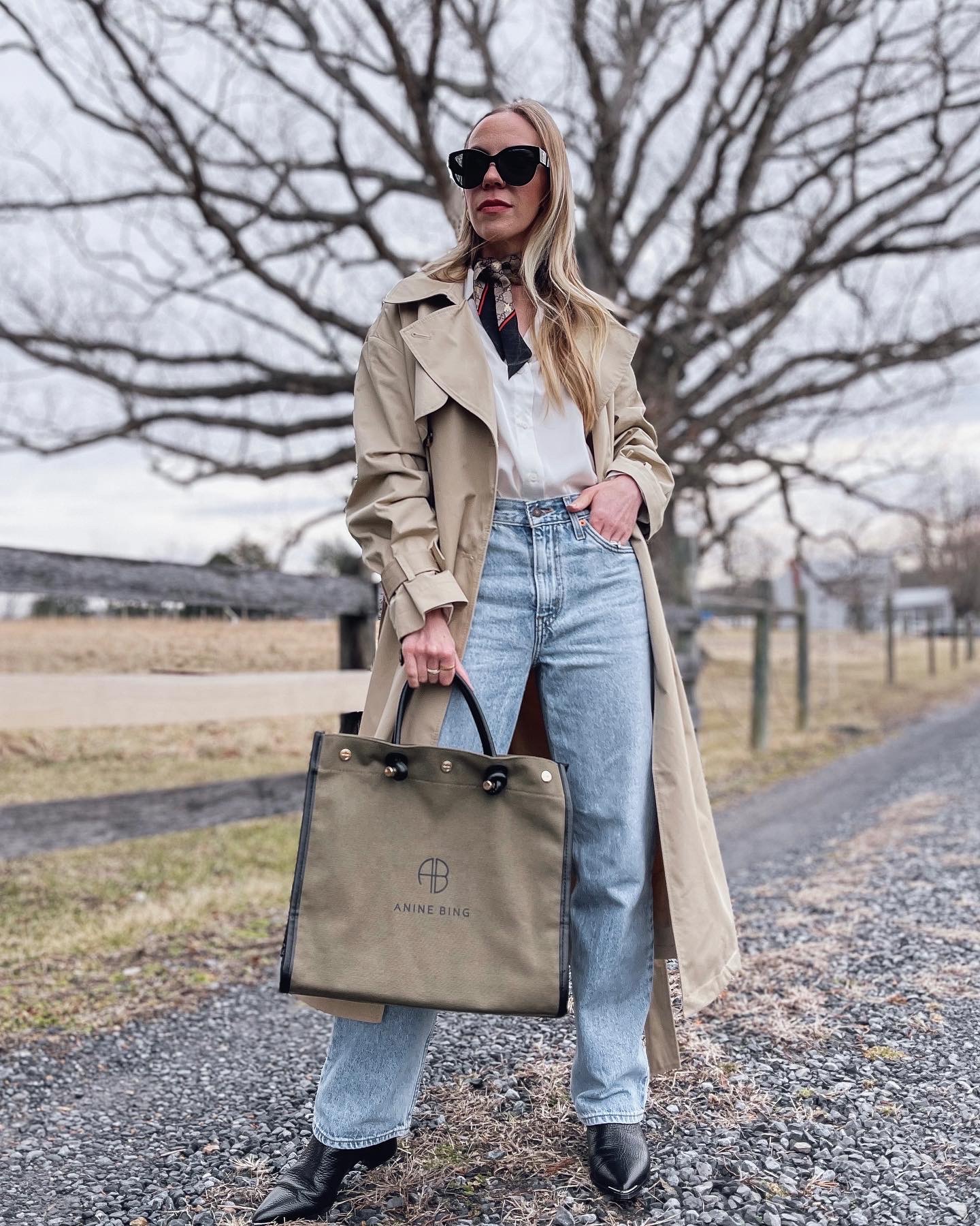 Meagan's Moda wearing drapey trench coat with Louis Vuitton scarf