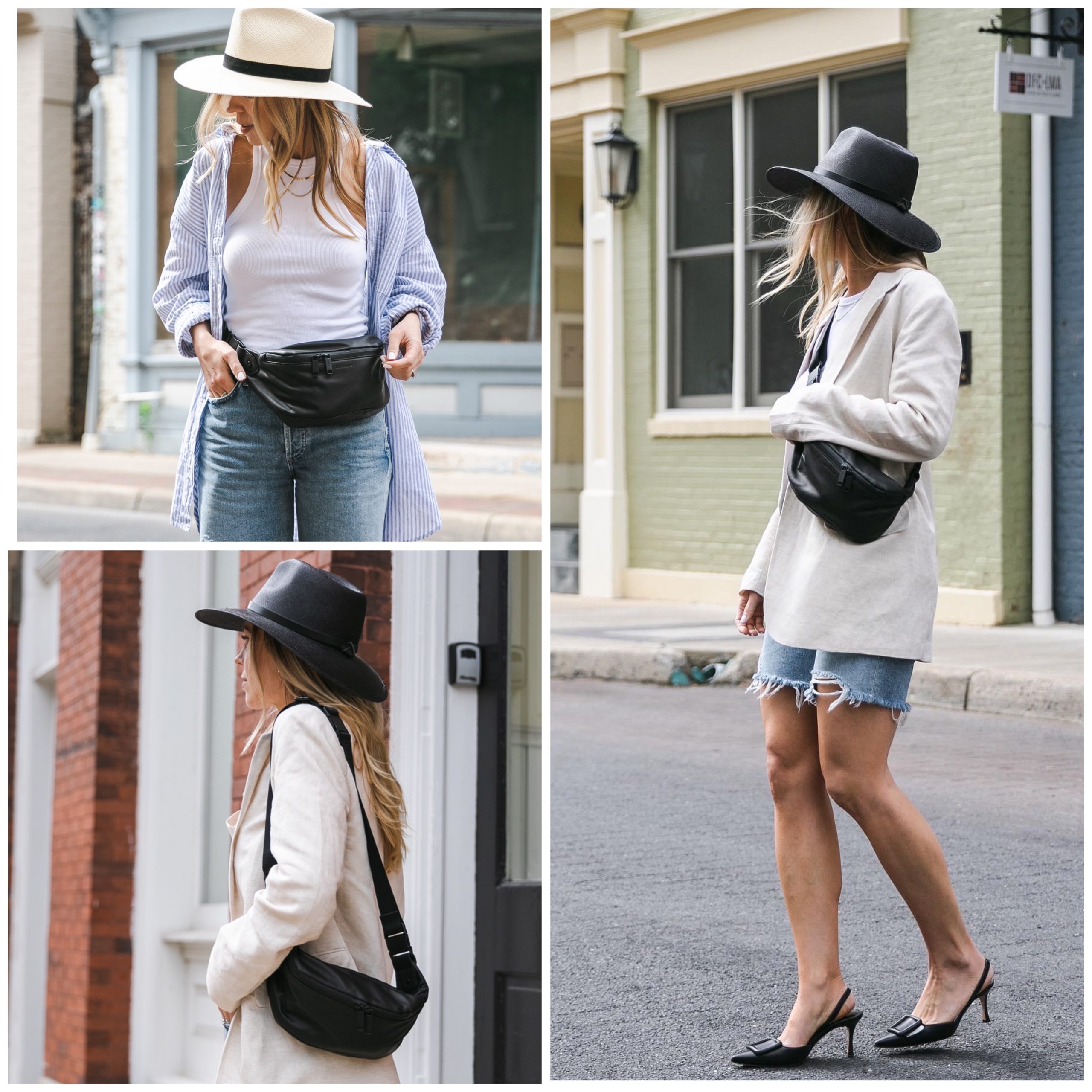 Meagan Brandon fashion blogger of Meagan's Moda wears blue and white  striped shirt with olive paperbag waist shorts and Gucci bag - Meagan's Moda